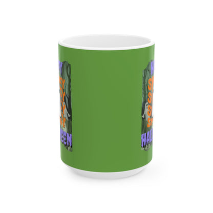 Spooky Happy Halloween Ghost PRfont Green Mug by cypherpunkgear