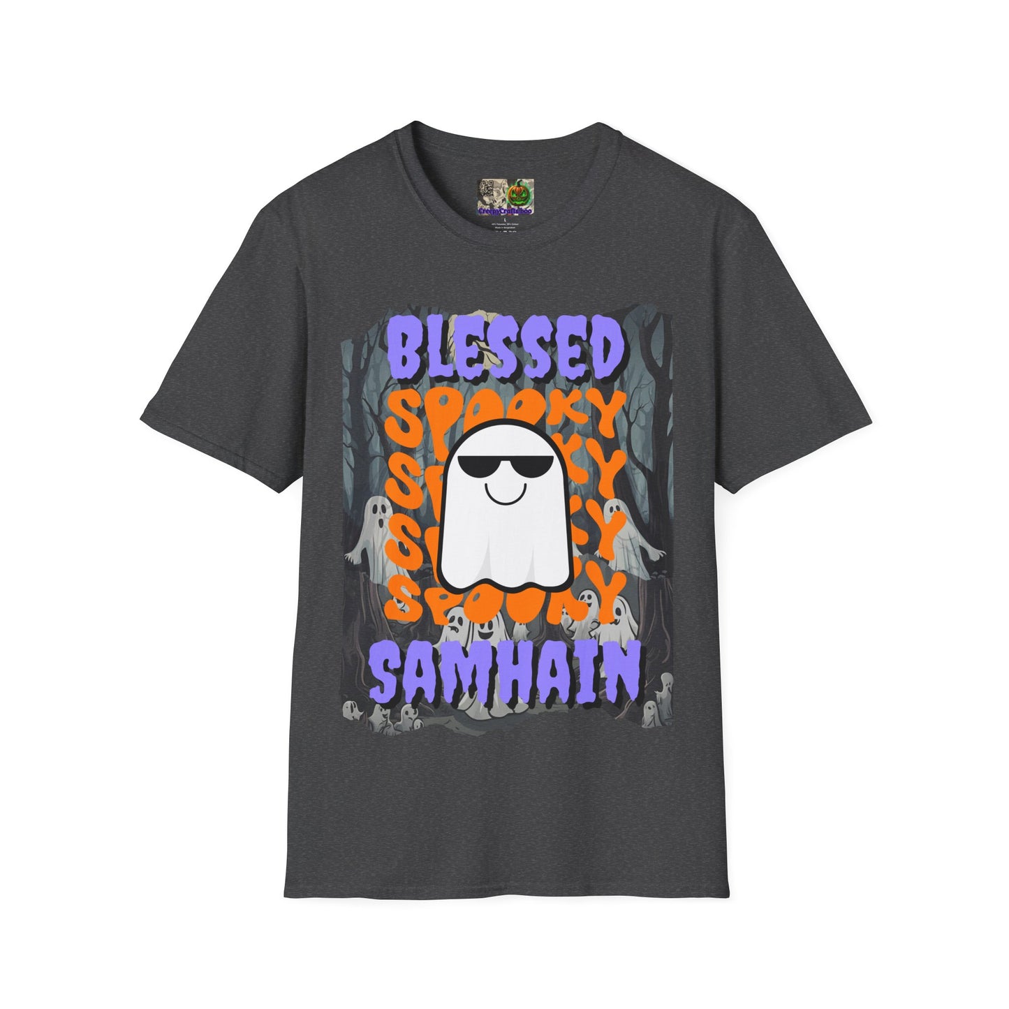 Spooky Blessed Samhain Ghost Purple font Unisex T-Shirt by CreepyCrafts.boo