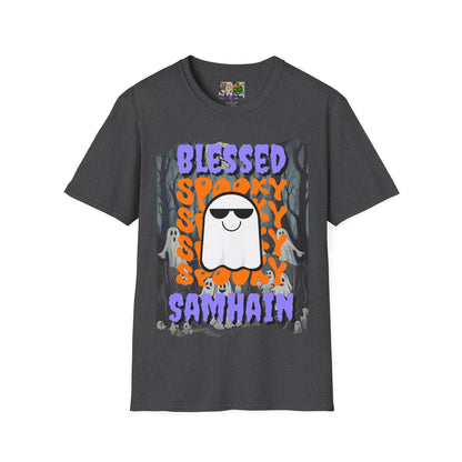 Spooky Blessed Samhain Ghost Purple font Unisex T-Shirt by CreepyCrafts.boo