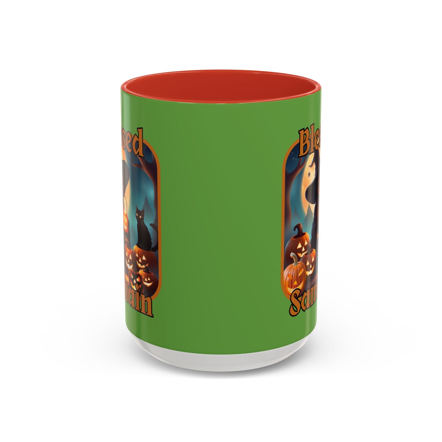 Blessed Samhain Cute Witch Orange font Green Accent Mug by CreepyCrafts.boo