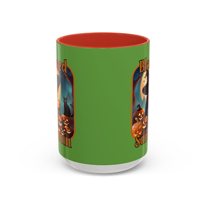 Blessed Samhain Cute Witch Orange font Green Accent Mug by CreepyCrafts.boo