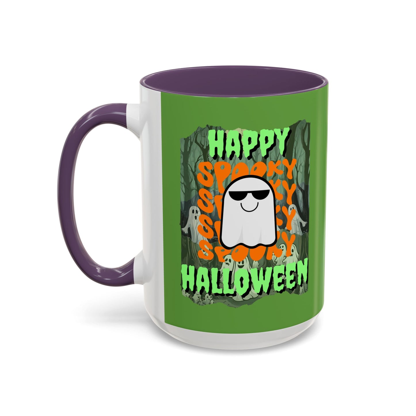 Spooky Happy Halloween Ghost Green font Green Accent Mug by CreepyCrafts.boo