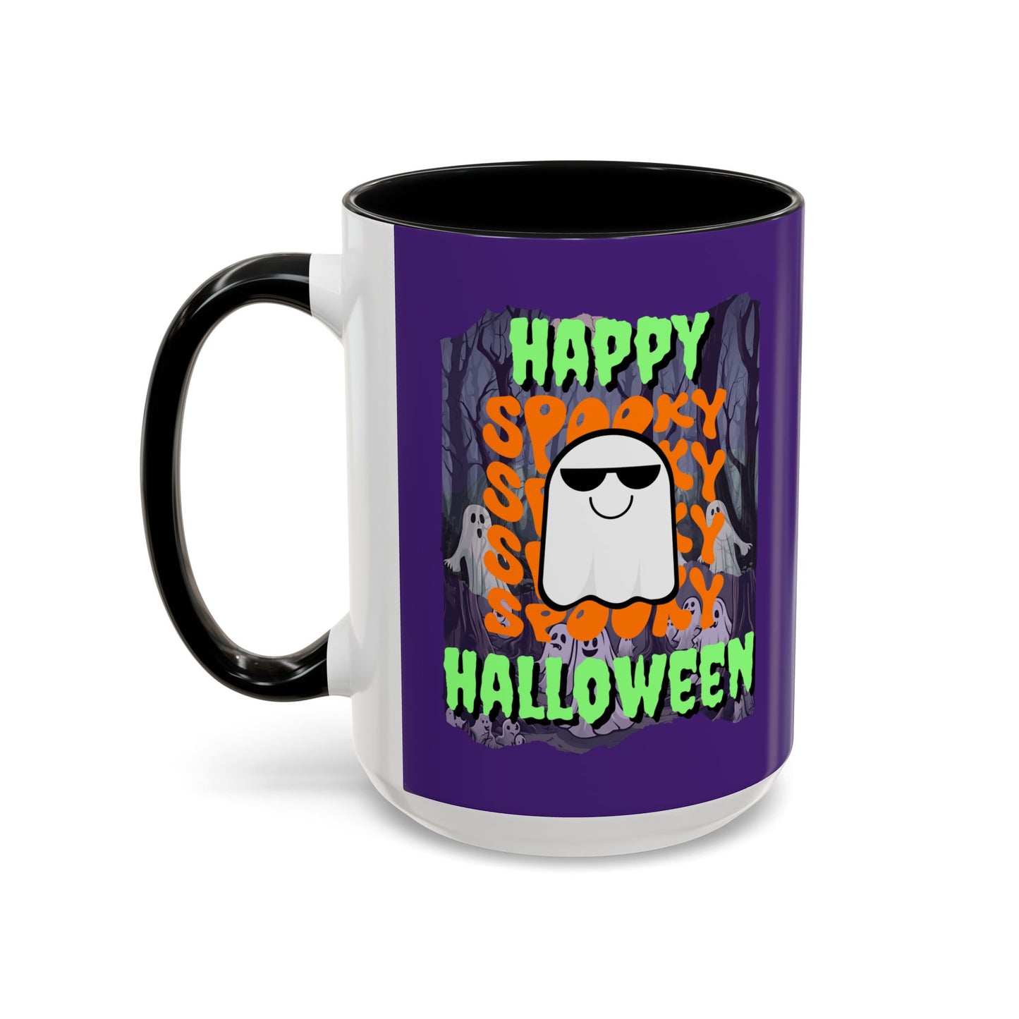 Spooky Happy Halloween Ghost Green font Purple Accent Mug by CreepyCrafts.boo