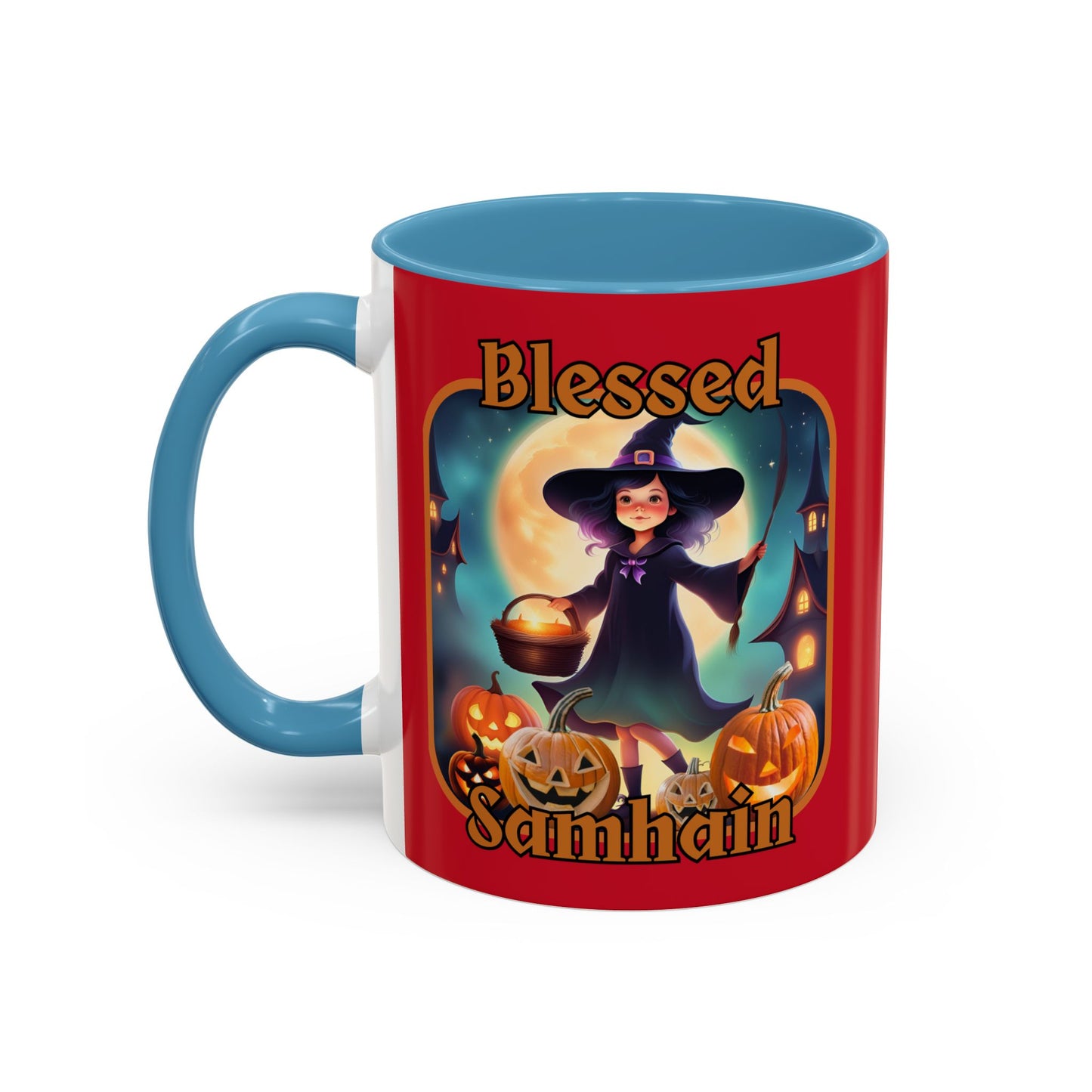 Blessed Samhain Little Witch Orange font Red Accent Mug by CreepyCrafts.boo