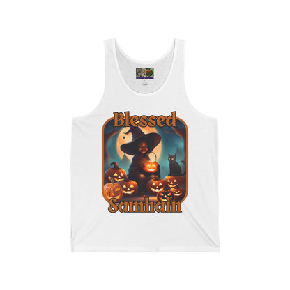 Blessed Samhain Cute Witch Orange font Unisex Jersey Tank Top by CreepyCrafts.boo