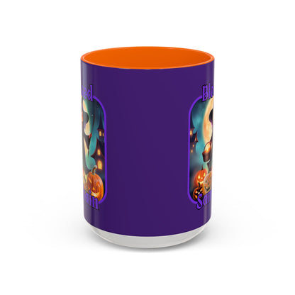 Blessed Samhain Little Witch Purple font Purple Accent Mug by CreepyCrafts.boo