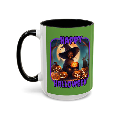 Happy Halloween Cute Witch Purple font Green Accent Mug by CreepyCrafts.boo