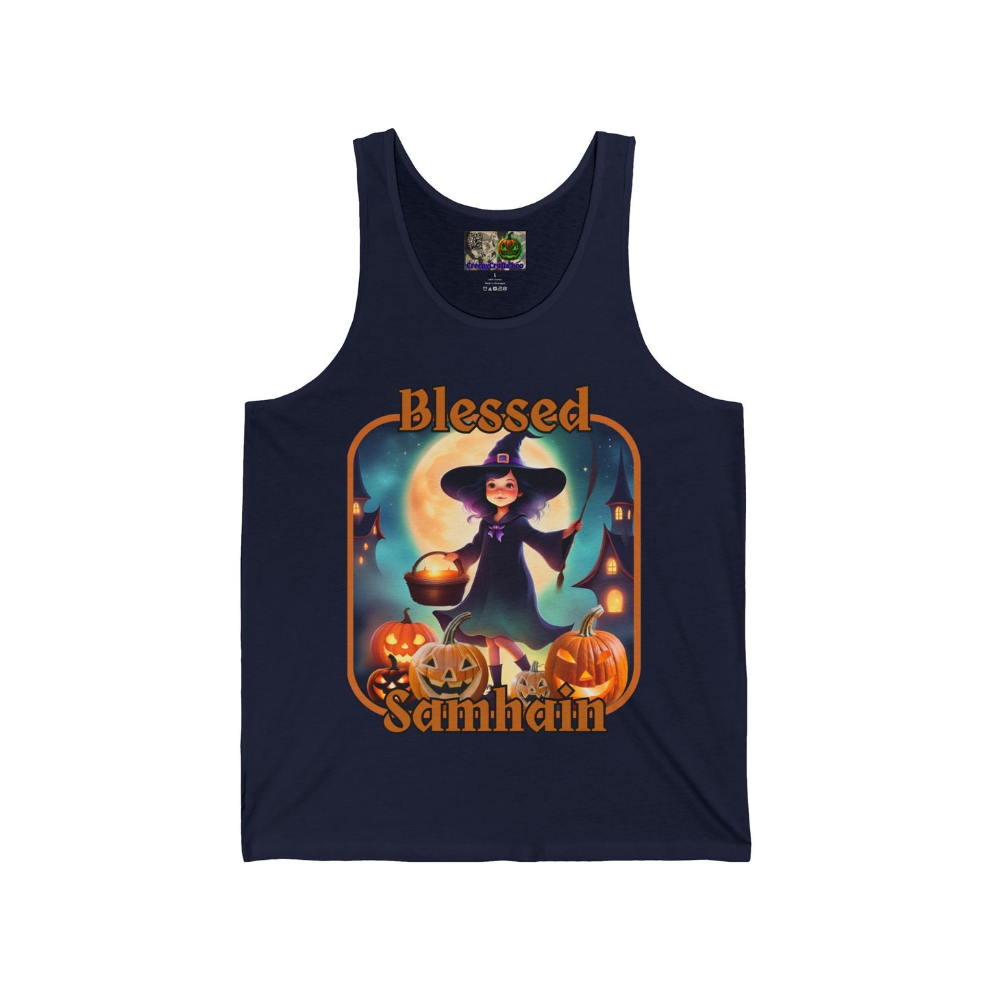 Blessed Samhain Little Witch Orange font Unisex Jersey Tank Top by CreepyCrafts.boo