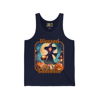 Blessed Samhain Little Witch Orange font Unisex Jersey Tank Top by CreepyCrafts.boo