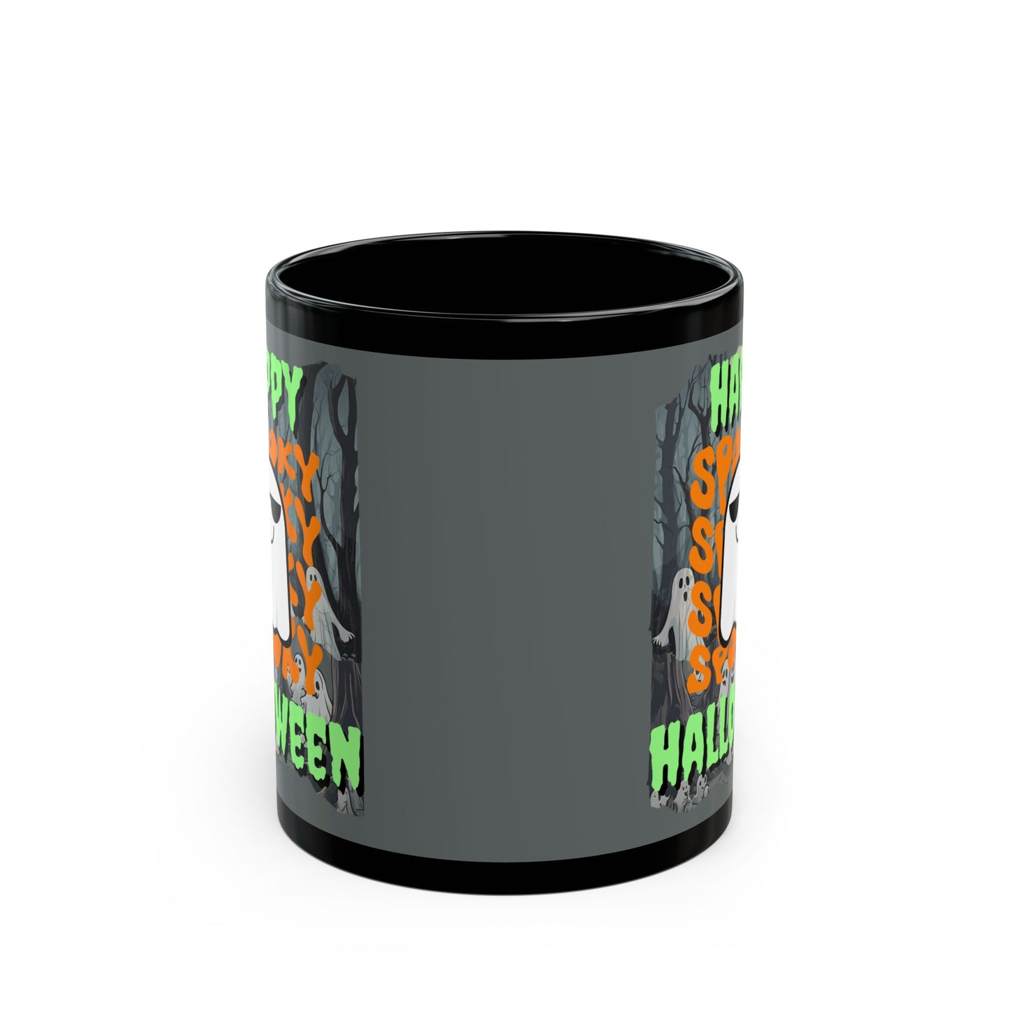 Spooky Happy Halloween Ghost Green font Grey Mug by CreepyCrafts.boo