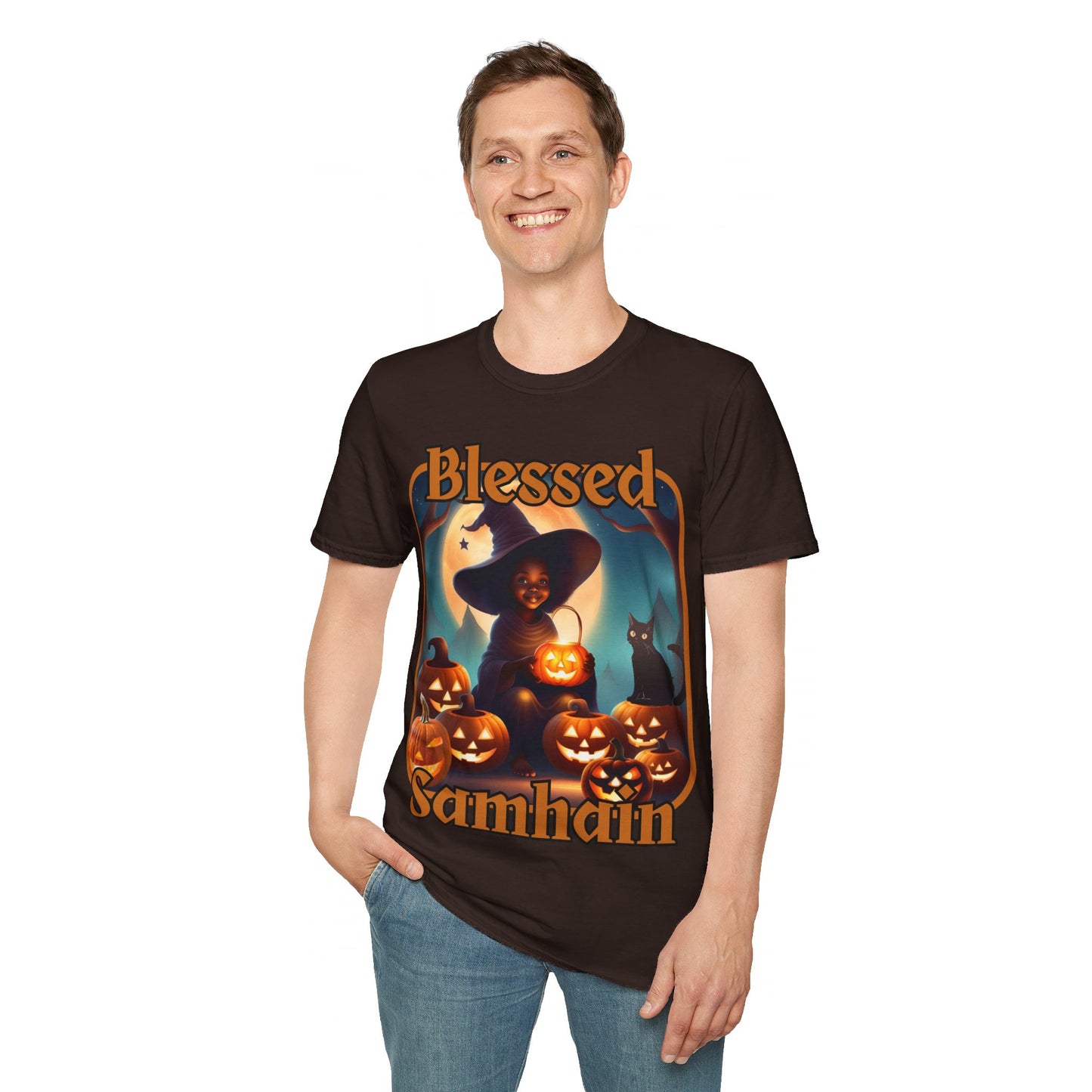 Blessed Samhain Cute Witch ORfont DKcolors Unisex T-Shirt by cypherpunkgear