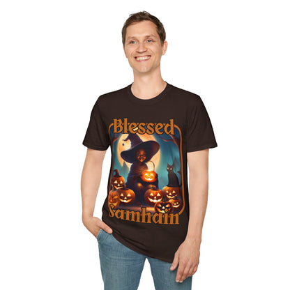 Blessed Samhain Cute Witch ORfont DKcolors Unisex T-Shirt by cypherpunkgear