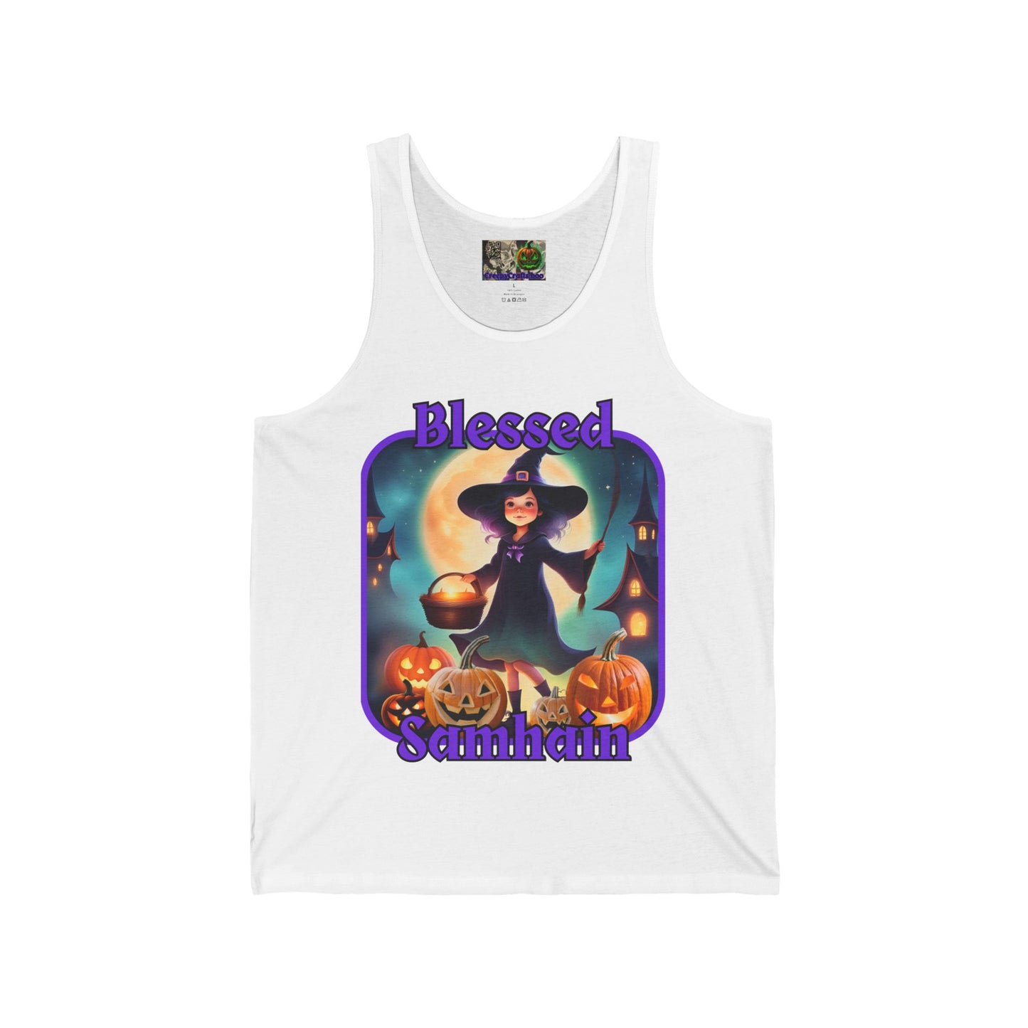 Blessed Samhain Little Witch Purple font Unisex Jersey Tank Top by CreepyCrafts.boo