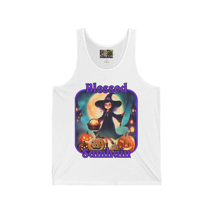 Blessed Samhain Little Witch Purple font Unisex Jersey Tank Top by CreepyCrafts.boo