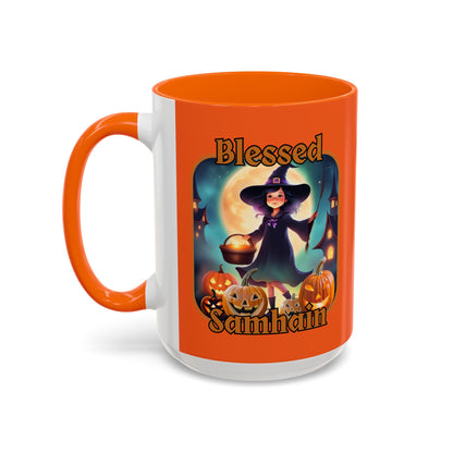 Blessed Samhain Little Witch Orange font Orange Accent Mug by CreepyCrafts.boo