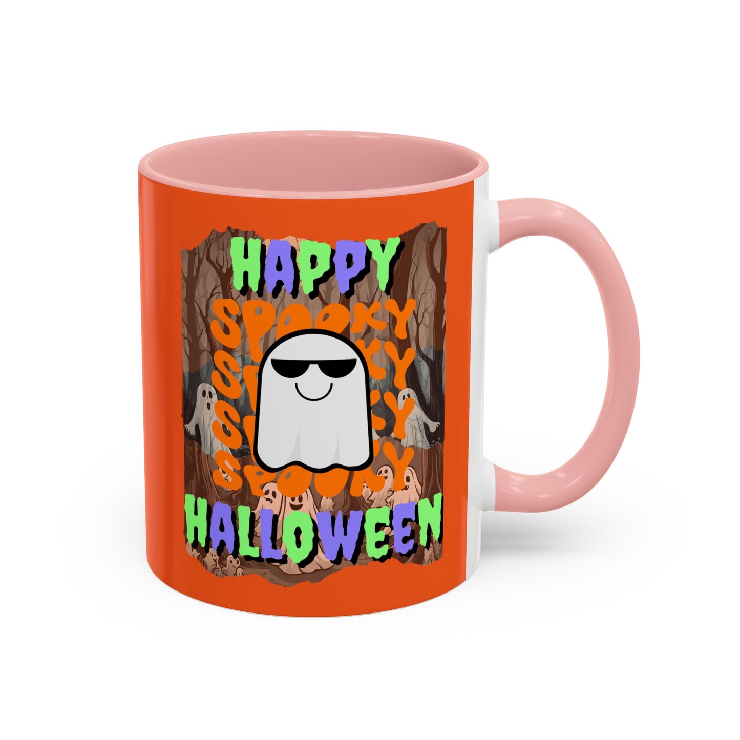 Spooky Happy Halloween Ghost Mixed font Orange Accent Mug by CreepyCrafts.boo