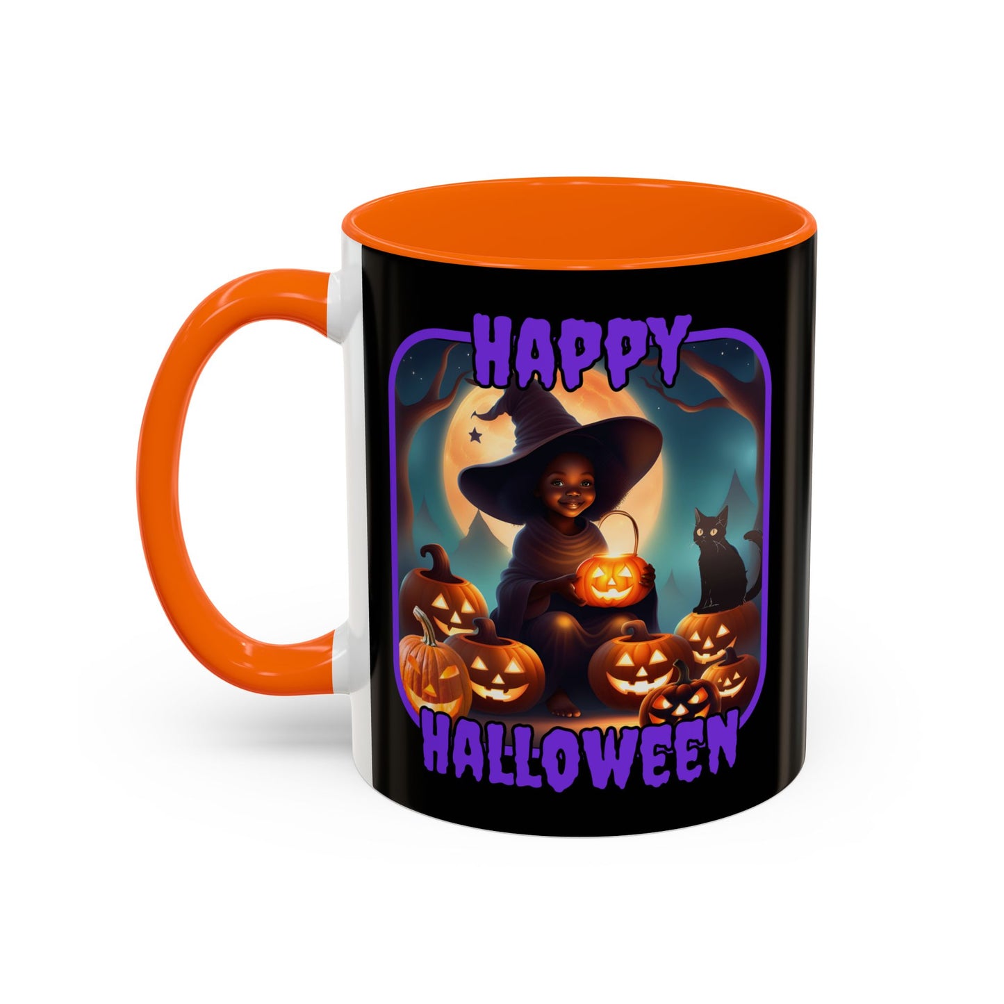 Happy Halloween Cute Witch Purple font Black Accent Mug by CreepyCrafts.boo