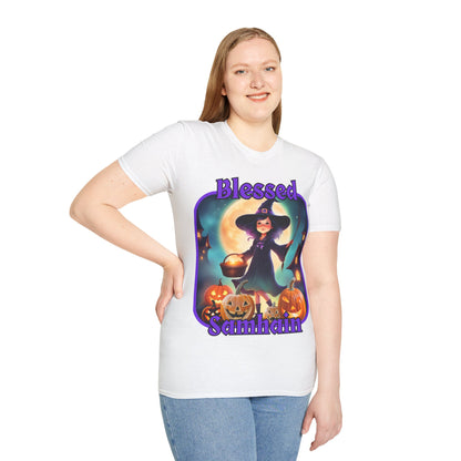 Blessed Samhain Little Witch Purple font Light colors Unisex T-Shirt by CreepyCrafts.boo