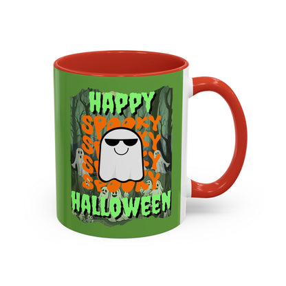 Spooky Happy Halloween Ghost Green font Green Accent Mug by CreepyCrafts.boo