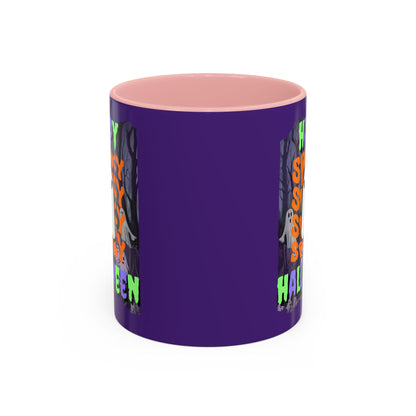 Spooky Happy Halloween Ghost Mixed font Purple Accent Mug by CreepyCrafts.boo