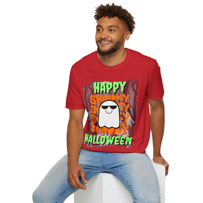 Spooky Happy Halloween Ghost Light colors Green font Unisex T-Shirt by CreepyCrafts.boo