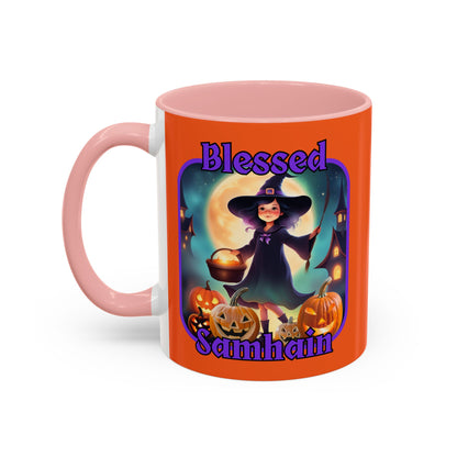 Blessed Samhain Little Witch Purple font Orange Accent Mug by CreepyCrafts.boo