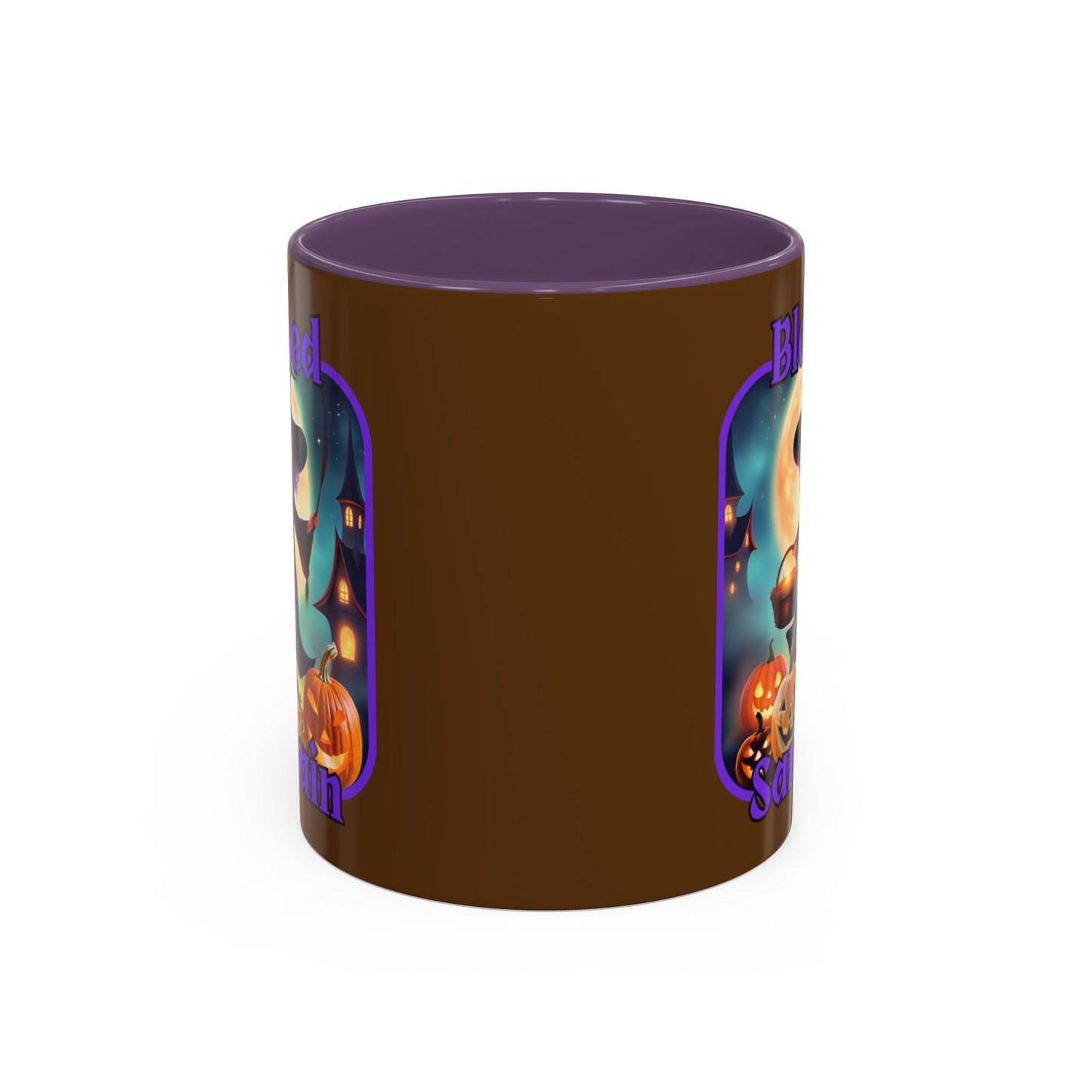 Blessed Samhain Little Witch Purple font Brown Accent Mug by CreepyCrafts.boo