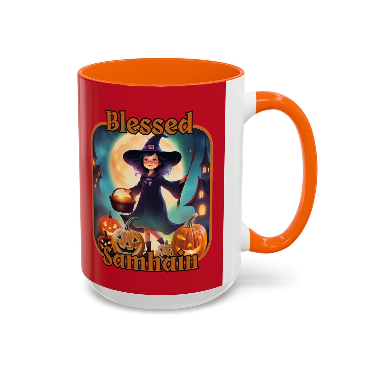Blessed Samhain Little Witch Orange font Red Accent Mug by CreepyCrafts.boo