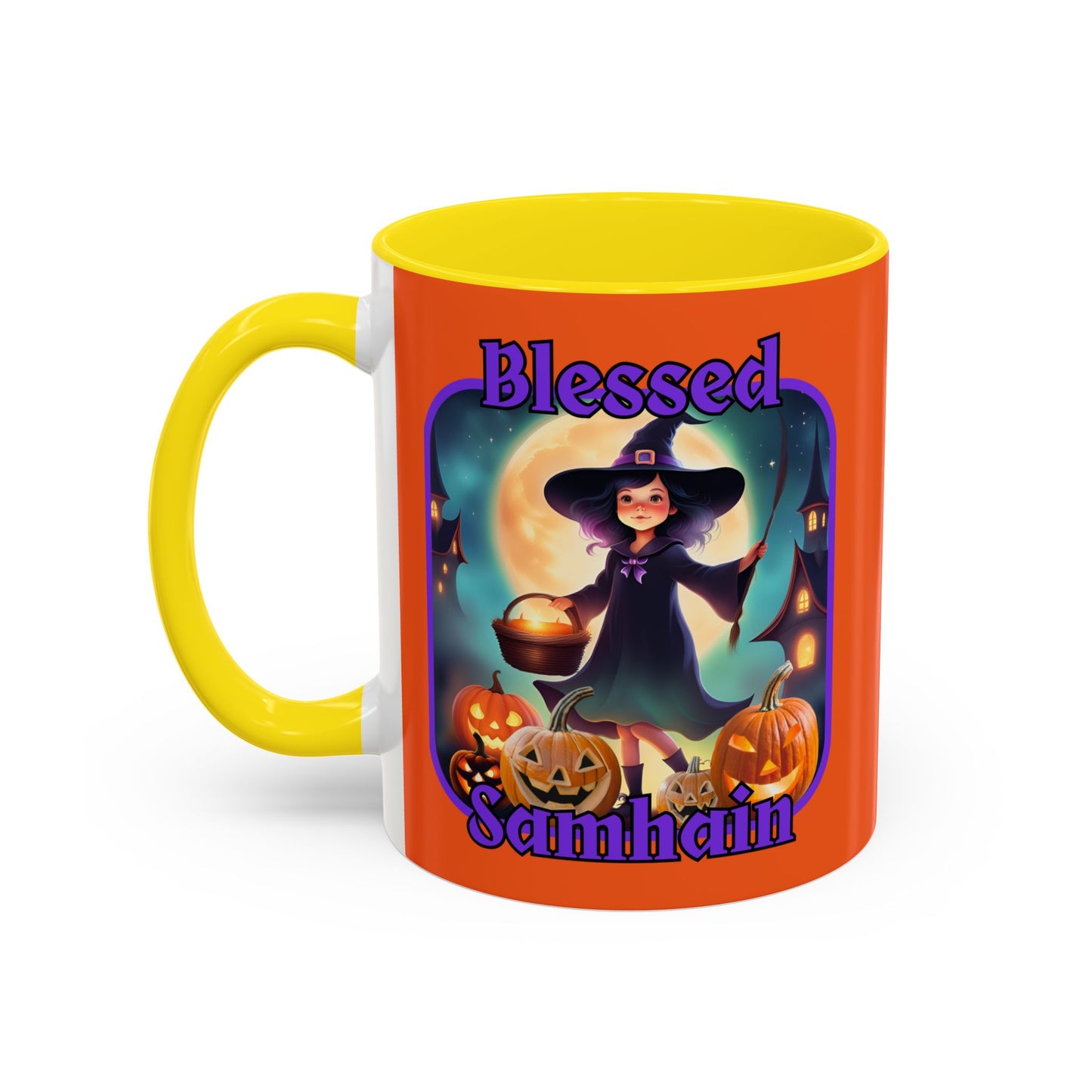 Blessed Samhain Little Witch Purple font Orange Accent Mug by CreepyCrafts.boo