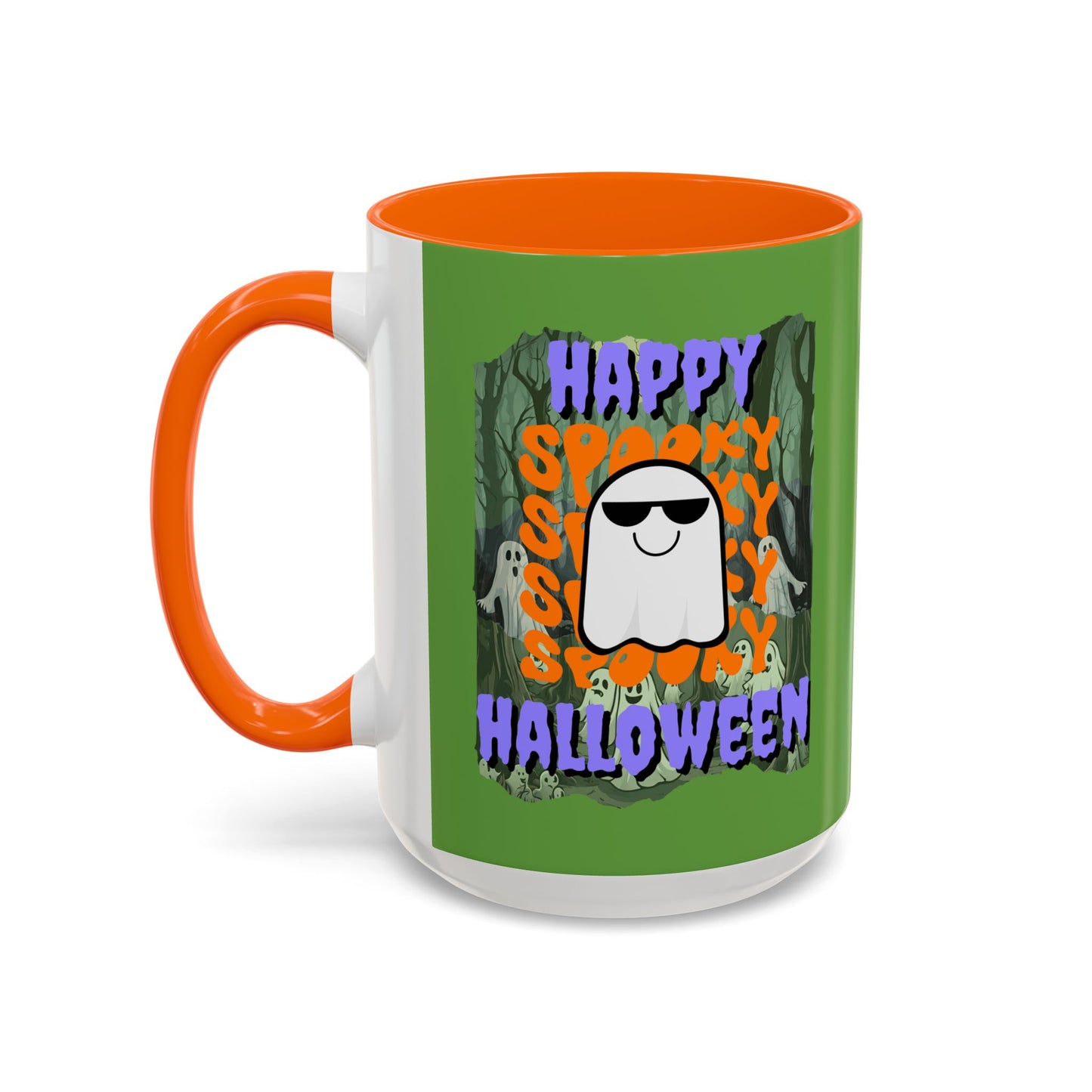 Spooky Happy Halloween Ghost Purple font Green Accent Mug by CreepyCrafts.boo