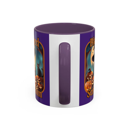 Blessed Samhain Cute Witch Orange font Purple Accent Mug by CreepyCrafts.boo