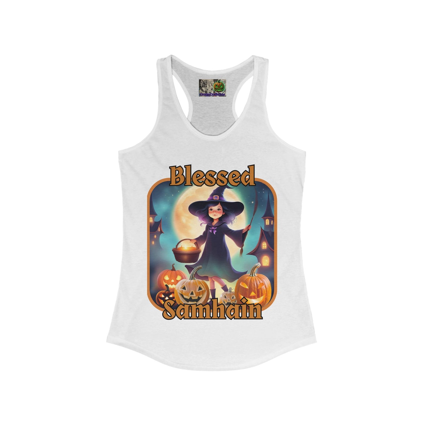 Blessed Samhain Little Witch Orange font Women's Racerback Tank Top by CreepyCrafts.boo