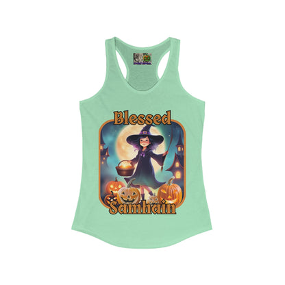 Blessed Samhain Little Witch Orange font Women's Racerback Tank Top by CreepyCrafts.boo