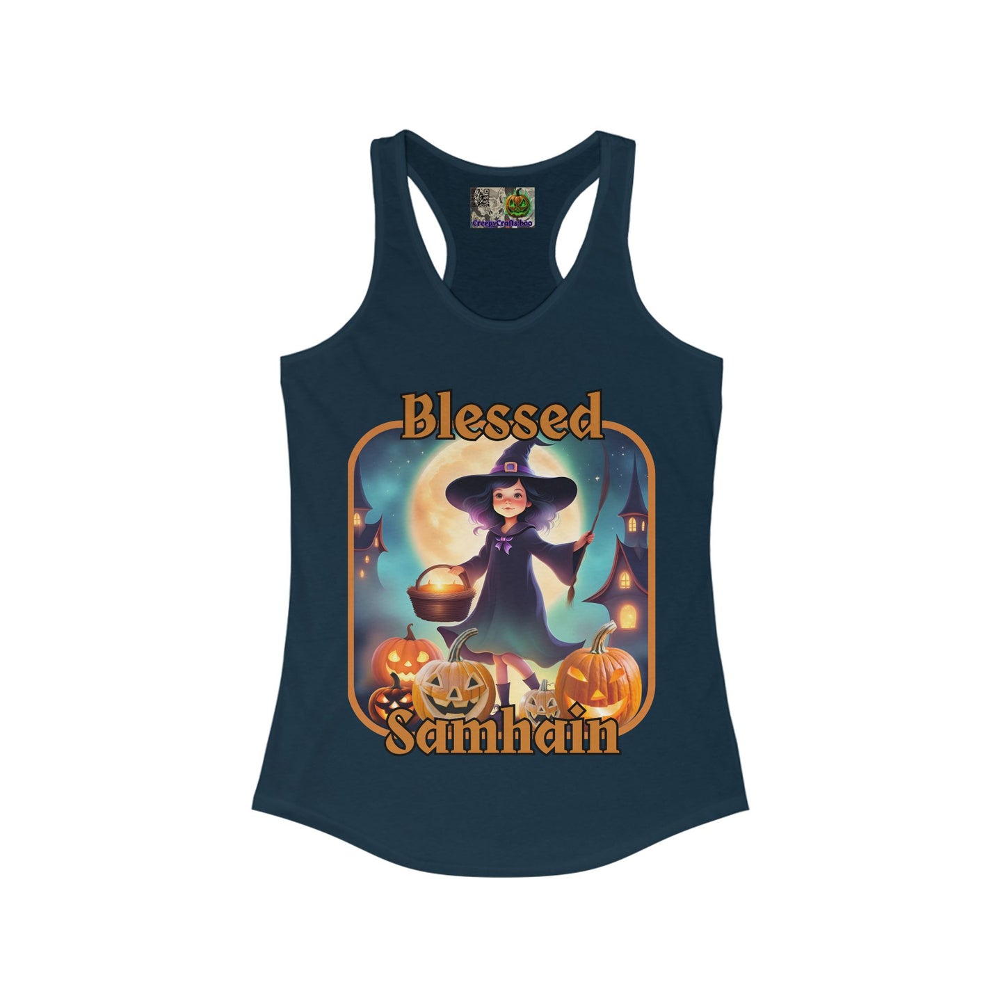 Blessed Samhain Little Witch Orange font Women's Racerback Tank Top by CreepyCrafts.boo