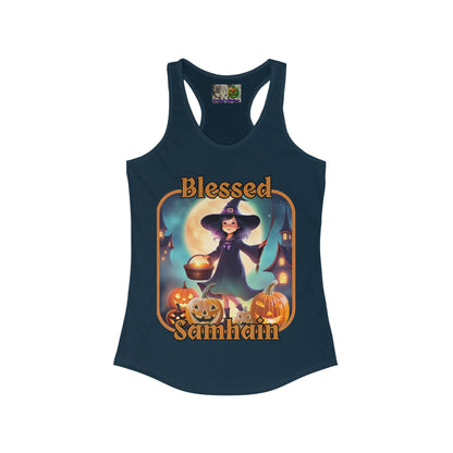 Blessed Samhain Little Witch Orange font Women's Racerback Tank Top by CreepyCrafts.boo