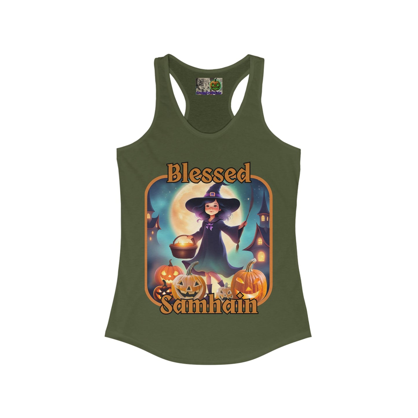 Blessed Samhain Little Witch Orange font Women's Racerback Tank Top by CreepyCrafts.boo