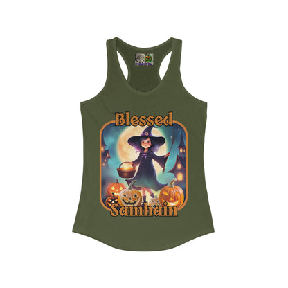 Blessed Samhain Little Witch Orange font Women's Racerback Tank Top by CreepyCrafts.boo