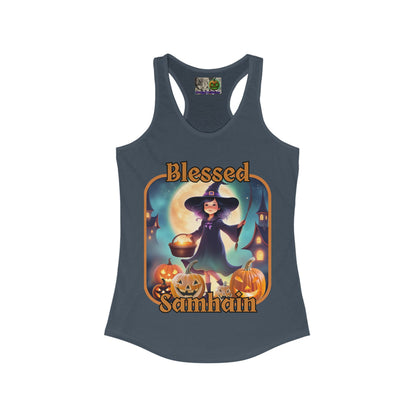Blessed Samhain Little Witch Orange font Women's Racerback Tank Top by CreepyCrafts.boo