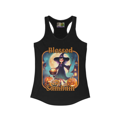 Blessed Samhain Little Witch Orange font Women's Racerback Tank Top by CreepyCrafts.boo