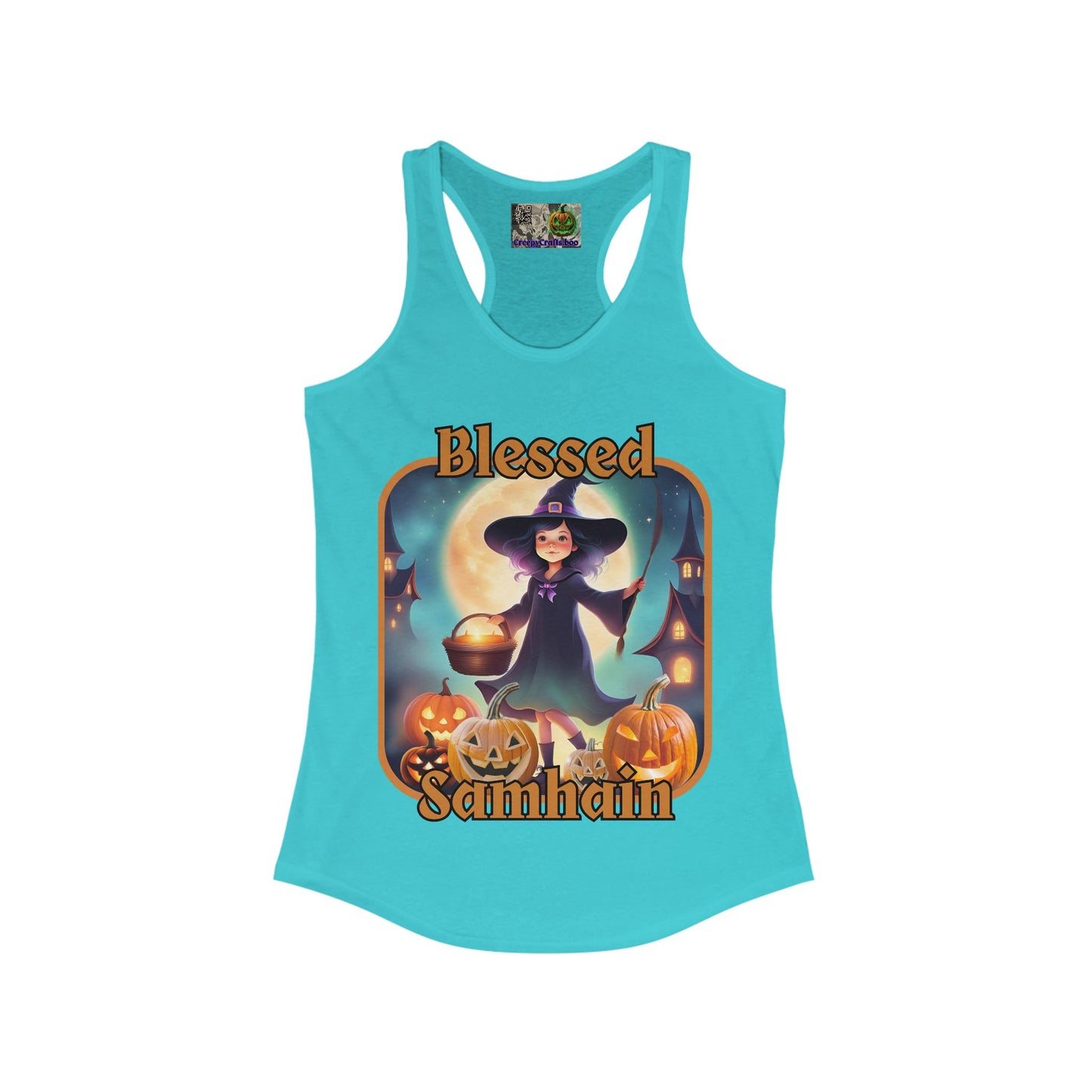 Blessed Samhain Little Witch Orange font Women's Racerback Tank Top by CreepyCrafts.boo