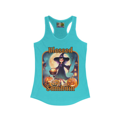Blessed Samhain Little Witch Orange font Women's Racerback Tank Top by CreepyCrafts.boo