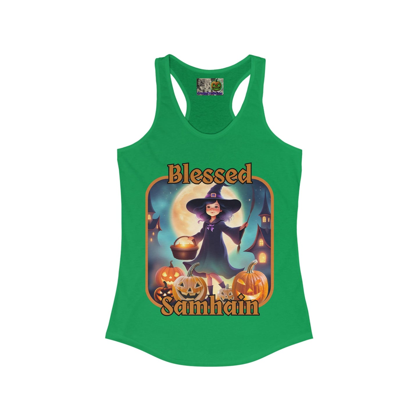 Blessed Samhain Little Witch Orange font Women's Racerback Tank Top by CreepyCrafts.boo