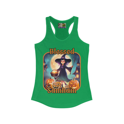 Blessed Samhain Little Witch Orange font Women's Racerback Tank Top by CreepyCrafts.boo