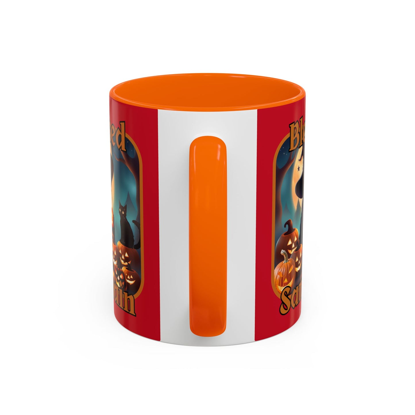 Blessed Samhain Cute Witch Orange font Red Accent Mug by CreepyCrafts.boo