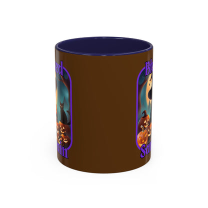 Blessed Samhain Cute Witch Purple font Brown Accent Mug by CreepyCrafts.boo