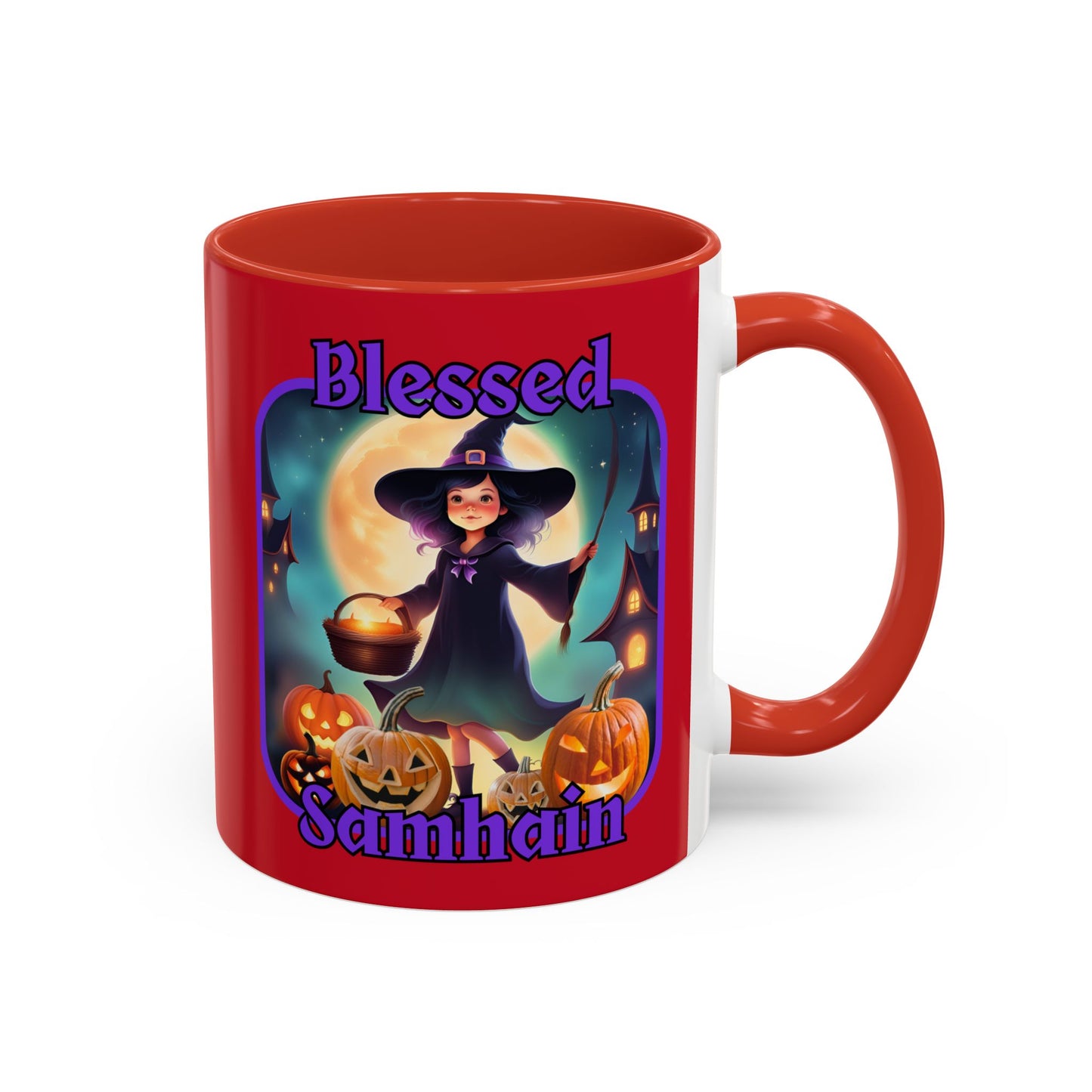 Blessed Samhain Little Witch Purple font Red Accent Mug by CreepyCrafts.boo