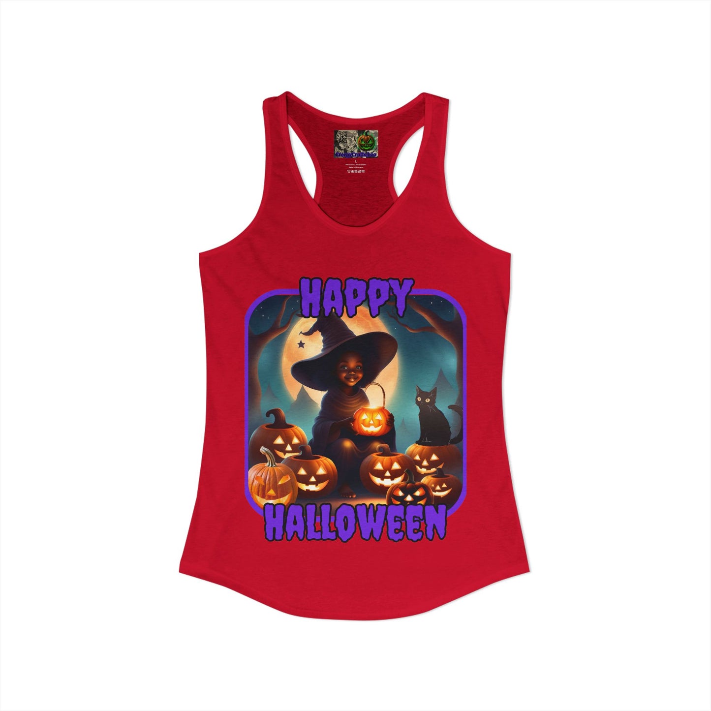 Happy Halloween Cute Witch Purple font Women's Racerback Tank Top by CreepyCrafts.boo
