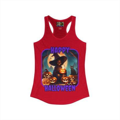 Happy Halloween Cute Witch Purple font Women's Racerback Tank Top by CreepyCrafts.boo