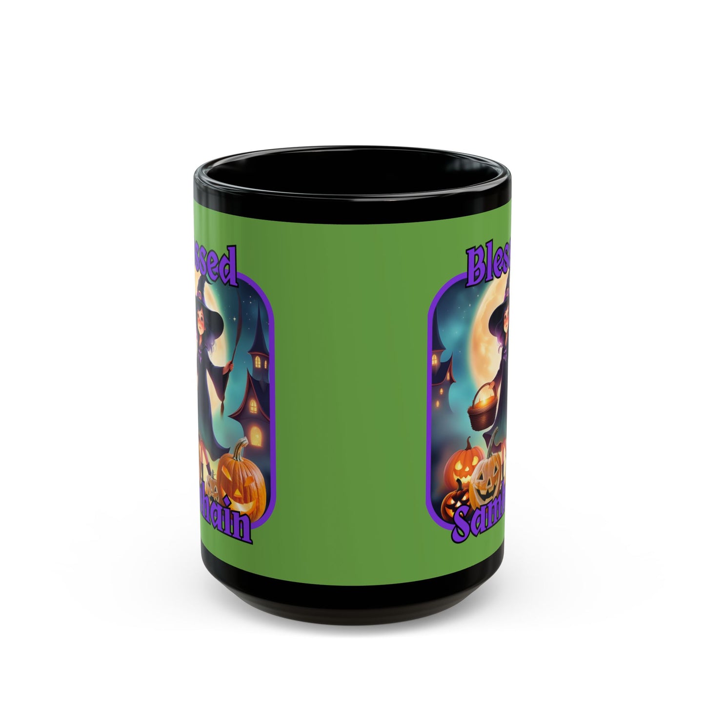 Blessed Samhain Little Witch Purple font Green Mug by CreepyCrafts.boo