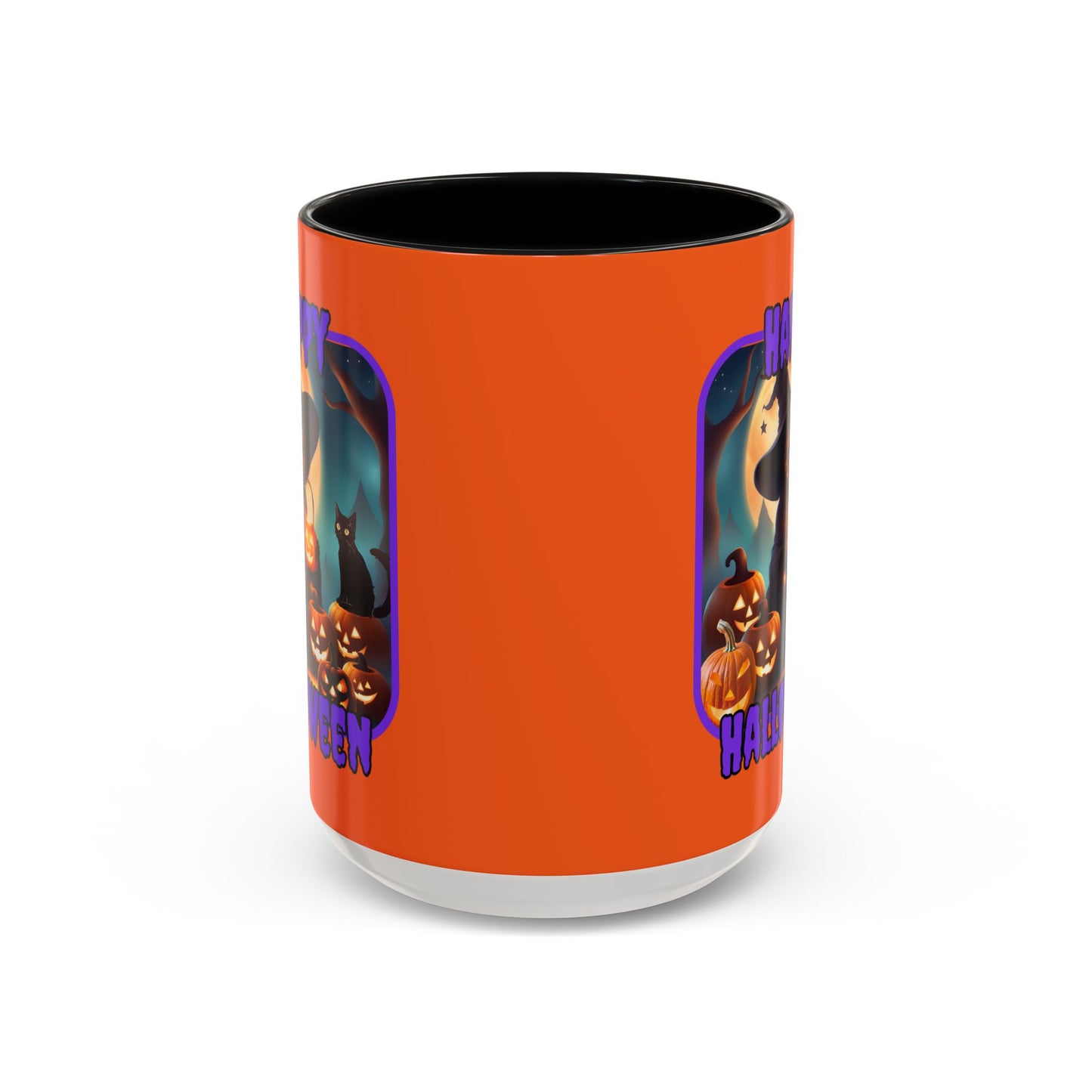 Happy Halloween Cute Witch Purple font Orange Accent Mug by CreepyCrafts.boo